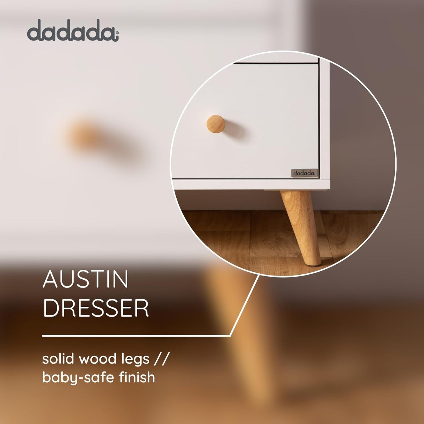 dadada Austin 5-Drawer Dresser for Nursery and Bedroom - Modern Design, Large Storage, Baby-Safe Finish, Anti-Tip Safety, Solid Wood Feet, Durable Construction (White+Natural)