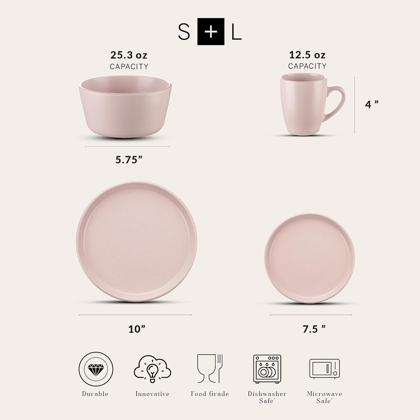 Stone Lain Albie Stoneware 32-Piece Modern Dinnerware Set, Kitchen Plates and Bowls Sets, Dish Set for 8, Pink