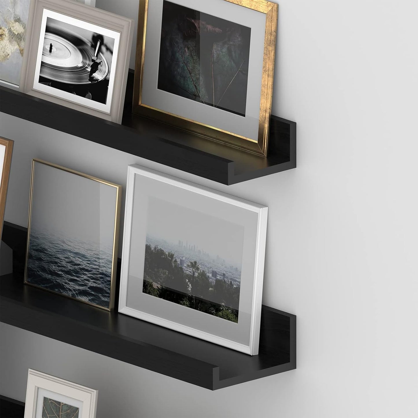 Giftgarden 47 Inch Black Floating Shelves Ledge, Wall Mount Long Picture Rail Large Woodgrain Photo Shelving for Living Room Bedroom Office, Set of 3 Different Sizes