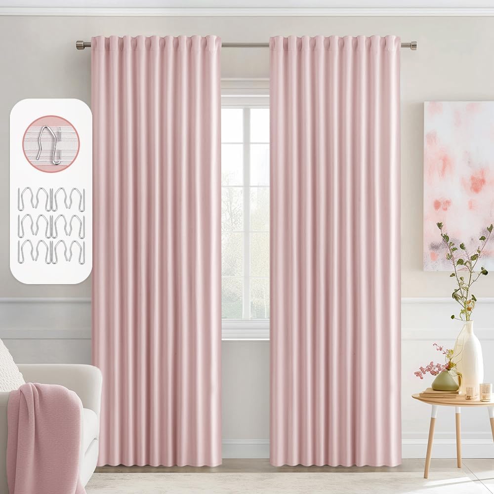 MIULEE Baby Pink Back Tab Blackout Curtains 84 Inch Length 2 Panels Set for Living Room Bedroom Privacy, Rod Pocket/Pinch Pleated Thermal Insulated Room Darkening Light Blocking Curtains 52x84 Inch