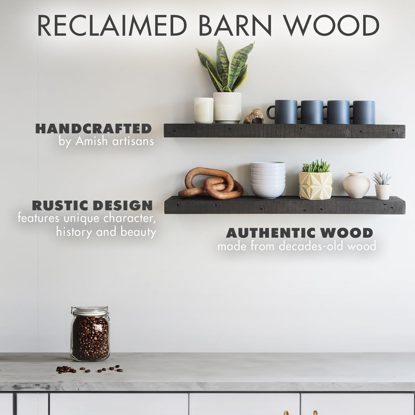 Urban Legacy Reclaimed Barnwood Planks | Floating Shelves for Wall w/Flush Mount Shelf Bracket Set Included | Set of 2 (Coffee Bean, 48" x 7" x 2"