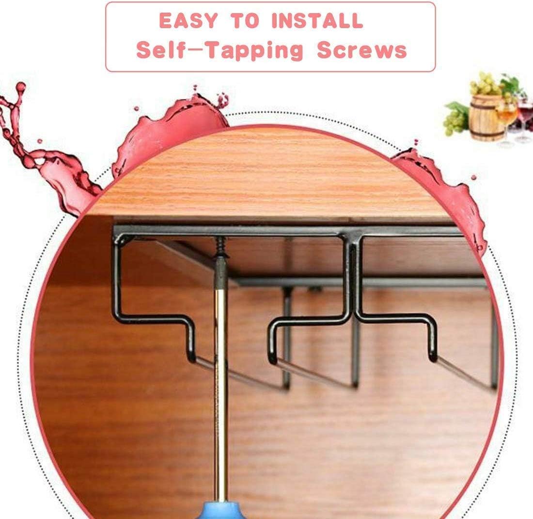 Wine Glass Rack - Under Cabinet Stemware Wine Glass Holder Glasses Storage Hanger 2 Pack Metal Organizer for Bar Kitchen Brown