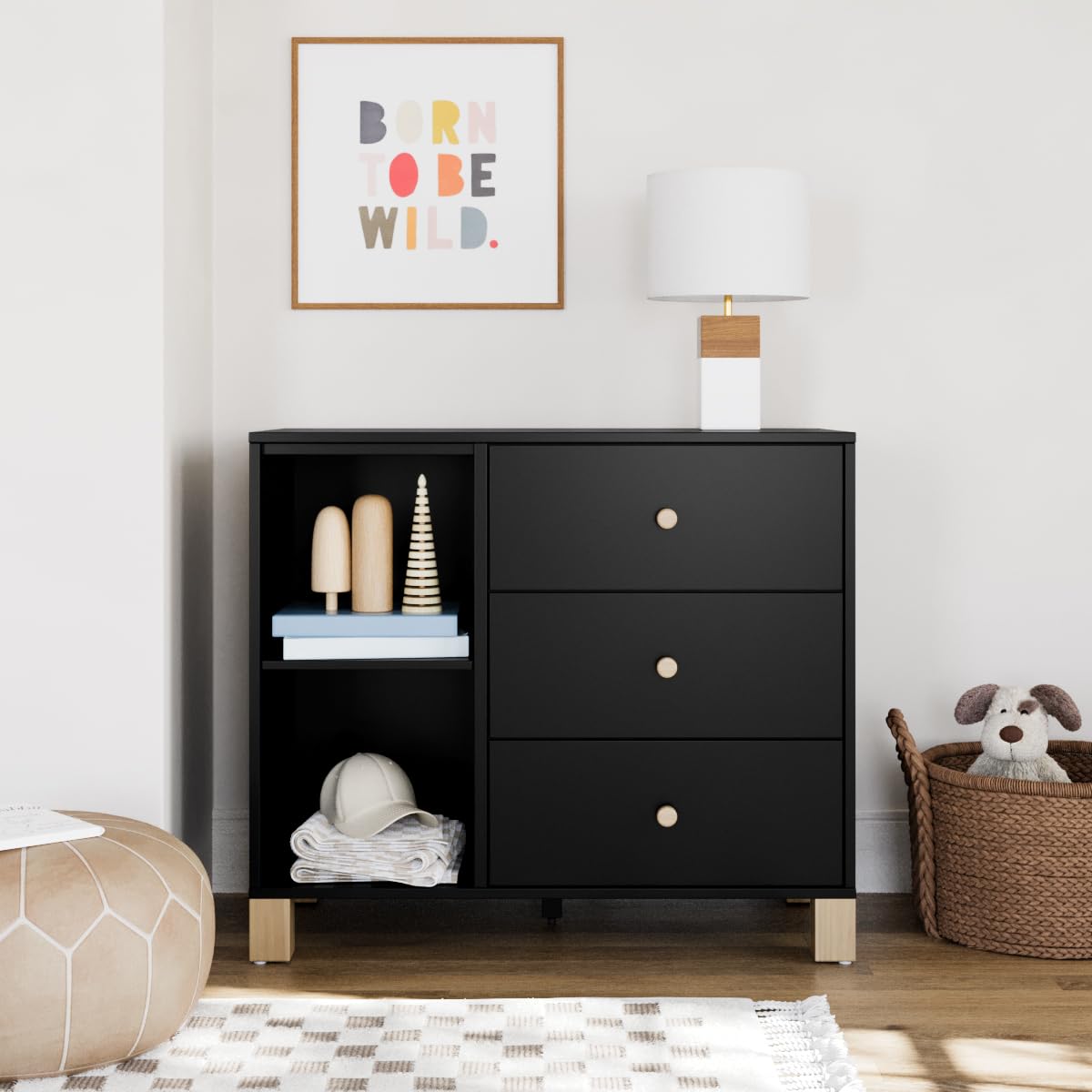 Storkcraft California 3 Drawer Combo Dresser (Black with Driftwood) – GREENGUARD Gold Certified, Interlocking Drawer System, Pre-Installed Drawer Tracks for Easier Assembly, Spacious Cabinet
