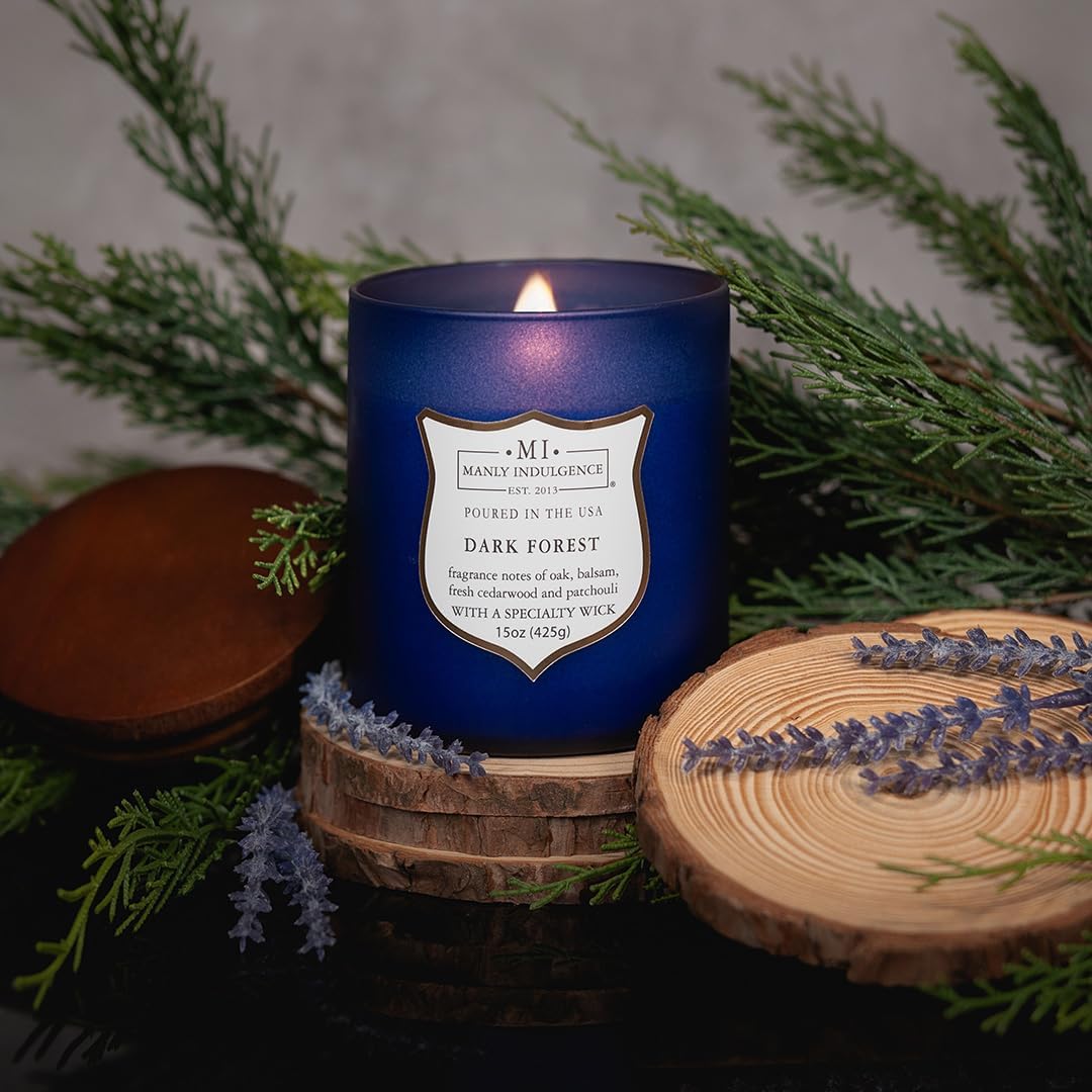 Manly Indulgence Dark Forest Scented Jar Candle for Men, Wood Wicked Candle, 15 oz - Oak, Balsam, Fresh Cedarwood & Patchouli - Up to 60 Hours Burn, Soy Blend Wax, USA Poured, Navy Blue