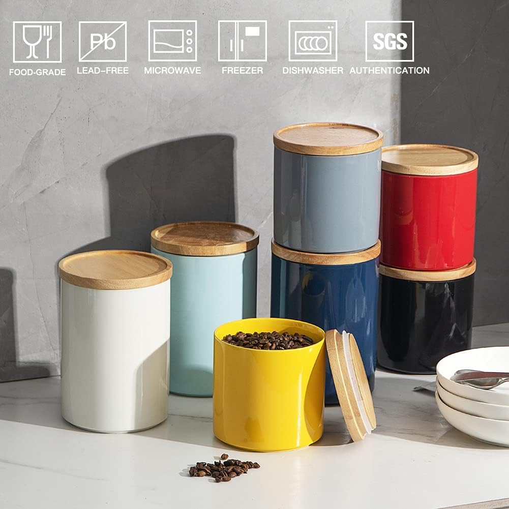 Sweejar Kitchen Canisters Ceramic Food Storage Jar, Stackable Containers with Airtight Seal Wooden Lid for Serving Coffee Bean, Flour, Tea, Cookies and More - 58 Fl Oz (White)