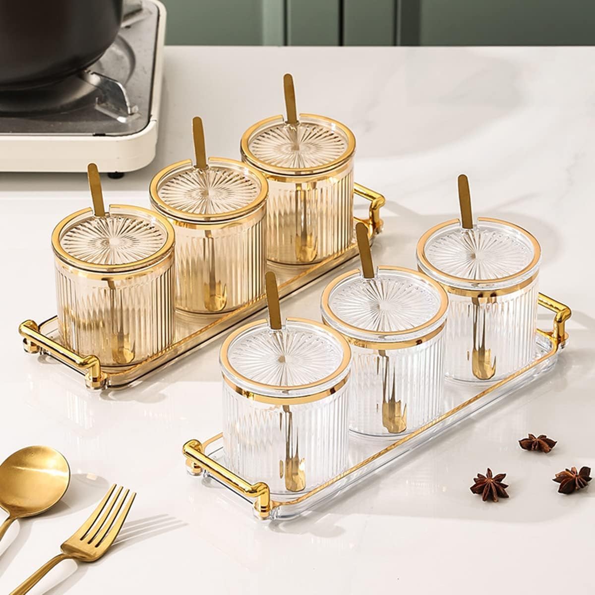 Acrylic Condiment Spice Jars,Condiment Spice Box With Lids and Spoons and Tray,Clear Plastic Sugar Salt Canisters,Seasoning Box 3 Pack,Seasoning Box Set for Kitchen to Storage Salt,Paprika,Sugar