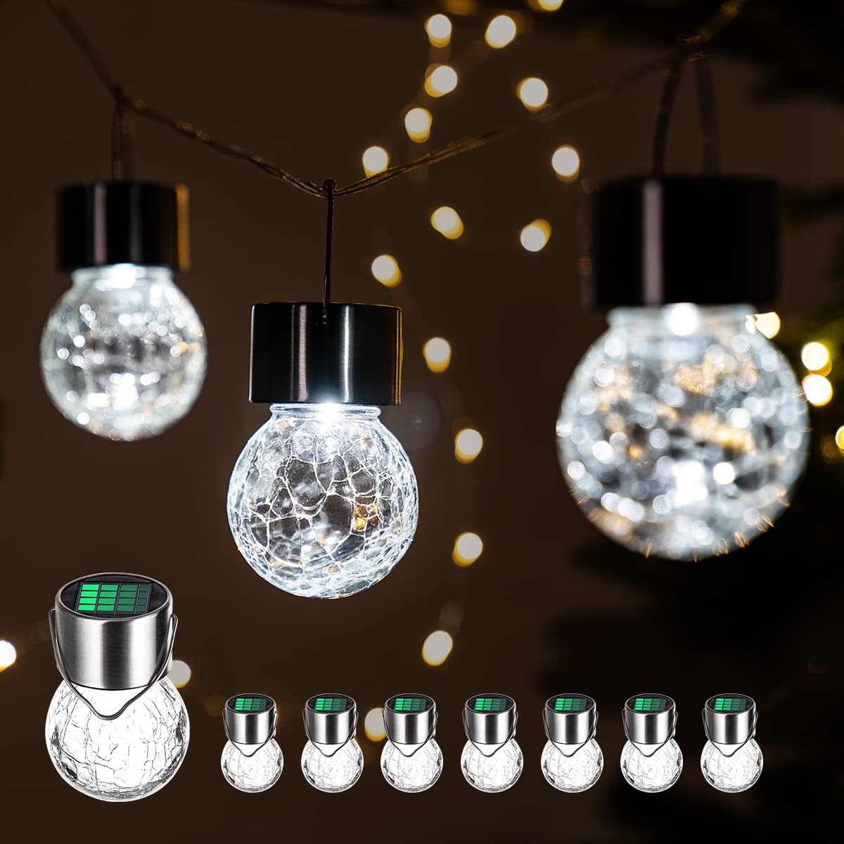 GIGALUMI 8 Pack Solar Hanging Lights, Multi-Color Changing Cracked Glass Hanging Ball Outdoor Lights with Waterproof Solar Lanterns for Garden, Yard, Patio, Lawn