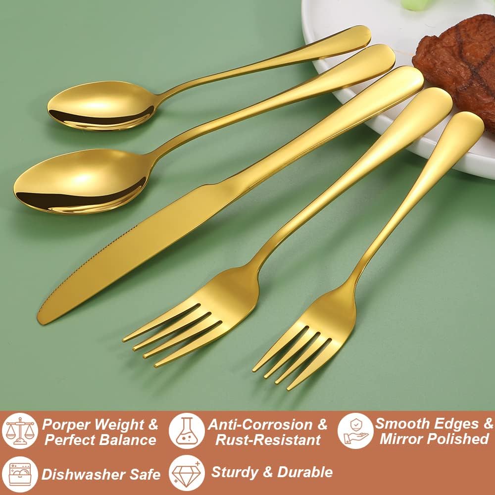 Lazycorner 50 Pcs Gold Silverware Set for 10, Food Grade Stainless Steel Flatware Set Include Fork/Knife/Spoon, Mirror Polished Eating Utensils Sets, Reusable Silverwear Cutlery Set, Dishwasher Safe