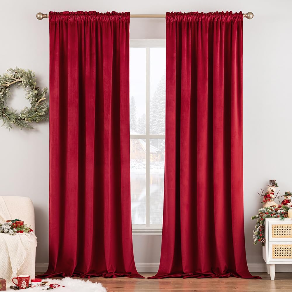 MIULEE Christmas Red Velvet Curtains Thermal Insulated Blackout Curtain Drapes for Bedroom Living Room Darkening 108 Inches Long Curtains Panels Rod Pocket Set of 2