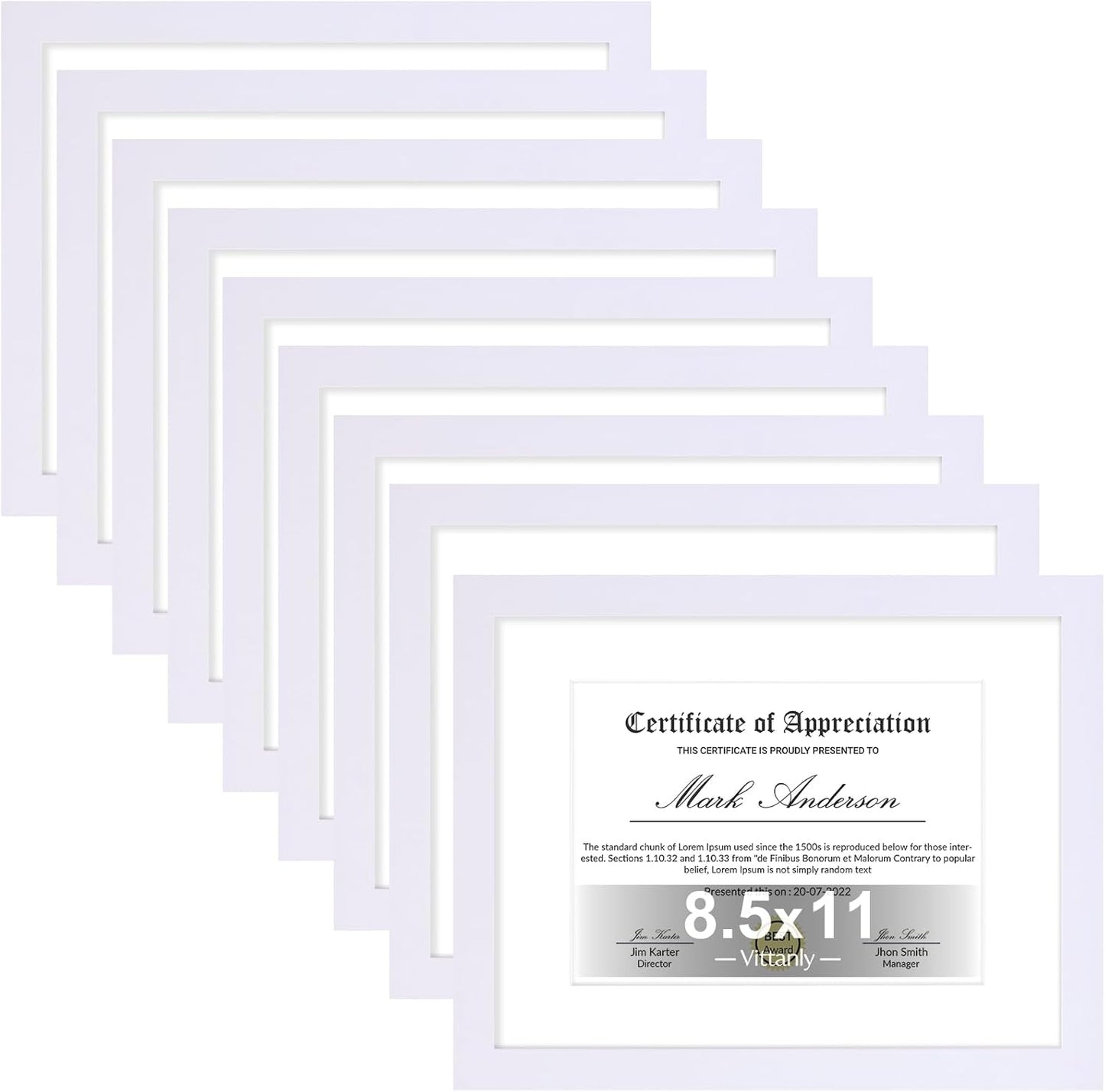 Vittanly 8.5x11 Picture Frames Set of 9, Shatter Resistant Plexiglass, Display 6x8 Pictures with Mat or 8.5x11 without Mat, Photo Frames for Wall or Tabletop, Engineered Wood, White