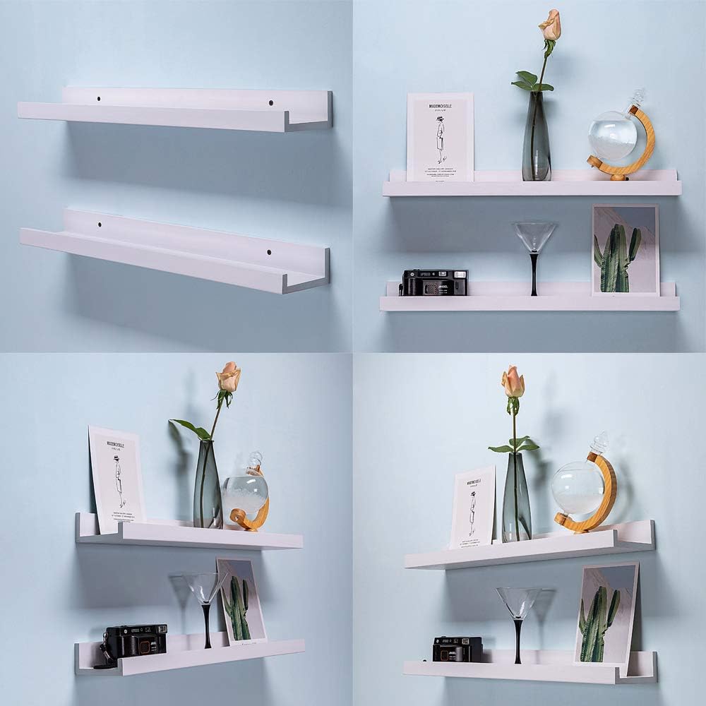AZSKY White Floating Shelves Wall Mounted Set of 2, 24 Inch Picture Ledge Shelf for Storage Bedroom Bathroom Kitchen Living Room Office Modern Rustic Style Display Shelves (Solid Pine Wood)