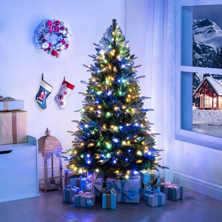 Naomi Home 4.5ft Christmas Tree with Multi-Color Lights, Realistic Fir with Colored Lights with Controller, 810 Branch Tips, 300 Colorful Lights and Metal Stand, Pre Lit Tree