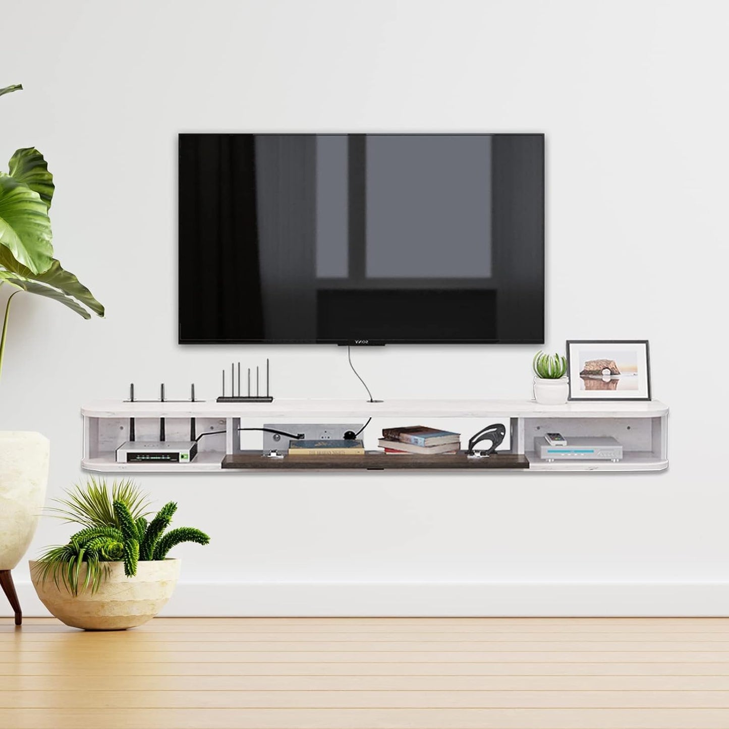 Pmnianhua Floating TV Console,55'' Wall-Mounted Media Console,Floating TV Cabinet,Modern Floating TV Stand,Under TV Entertainment Shelf with Door and Storage for Bedroom Living Room (Grey-White)