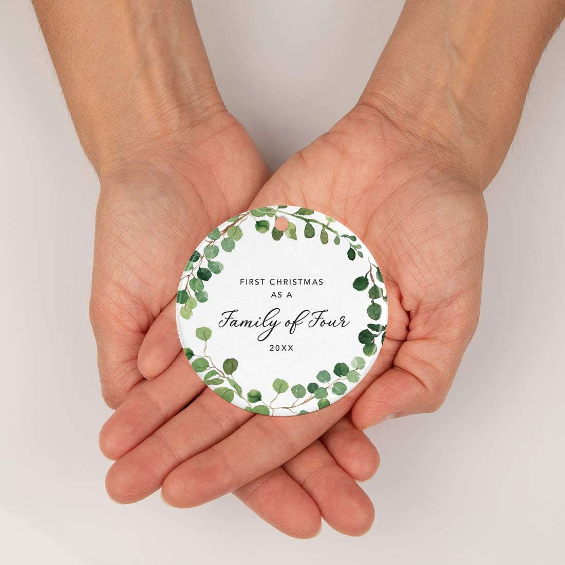 Andaz Press Custom Year Round Ceramic Porcelain Christmas Tree Ornament Keepsake Collectible Gift, First Christmas as a Family of Four 2025, Farmhouse Eucalyptus Wreath, 1-PackNew