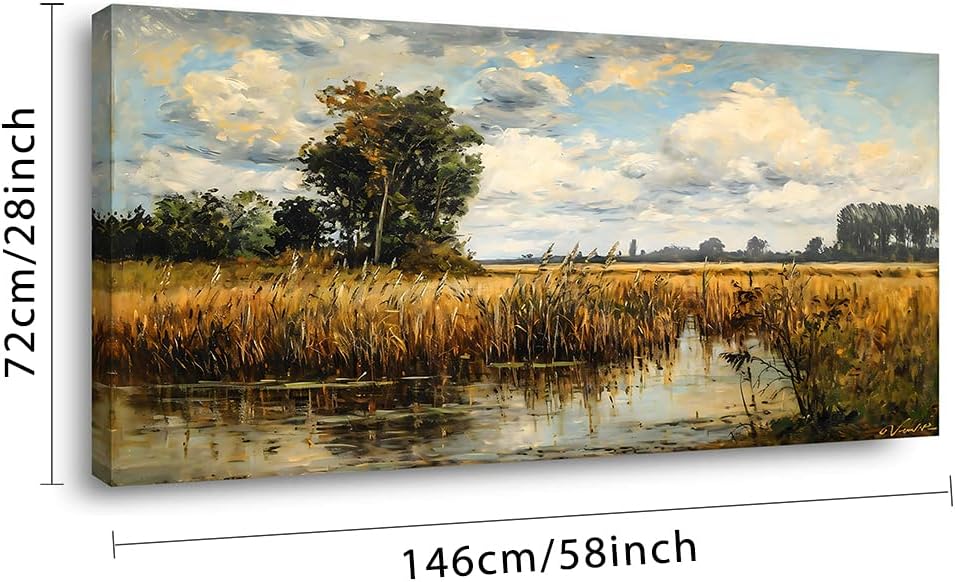 LASMOND Beautiful Wilderness Meadow Canvas Wall Art Oil Painting Reproduction Print Vintage Wildflower Field Scenery Countryside Landscape Tree Rustic Retro Decor Artwork Country Farmhouse Living Room 58x28 Inches