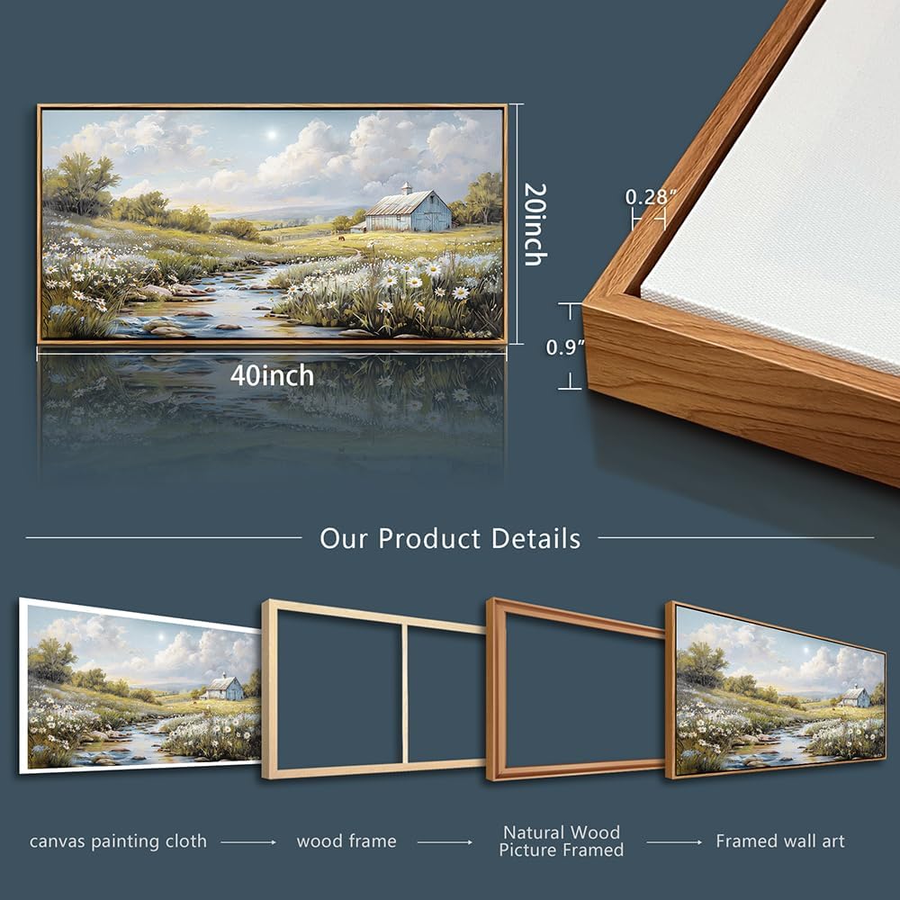 PHAOHUAXM Wood Framed Wall Art For Living Room Large Canvas Wall Decor For Bedroom Flower Watercolour Painting Office Decor Countryside Scenery Wall Picture Printing Artwork Home Decor 20x40 In