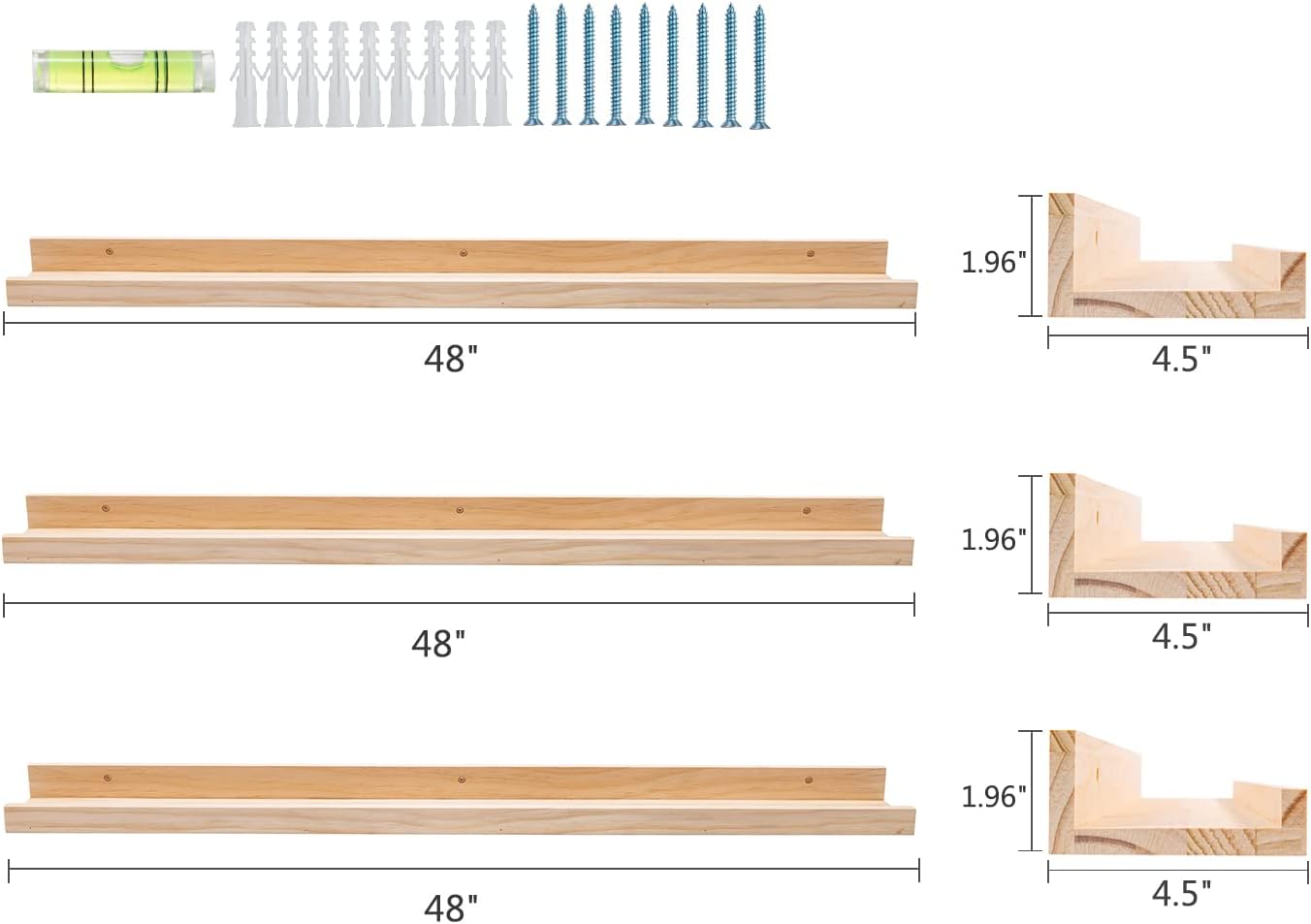 AZSKY 48 Inch Large Wood Floating Shelves for Wall Set of 3, Rustic Natural Picture Ledge Shelf Decor for Bedroom Kitchen Bathroom Living Room Nursery Display, 3 Same Sizes