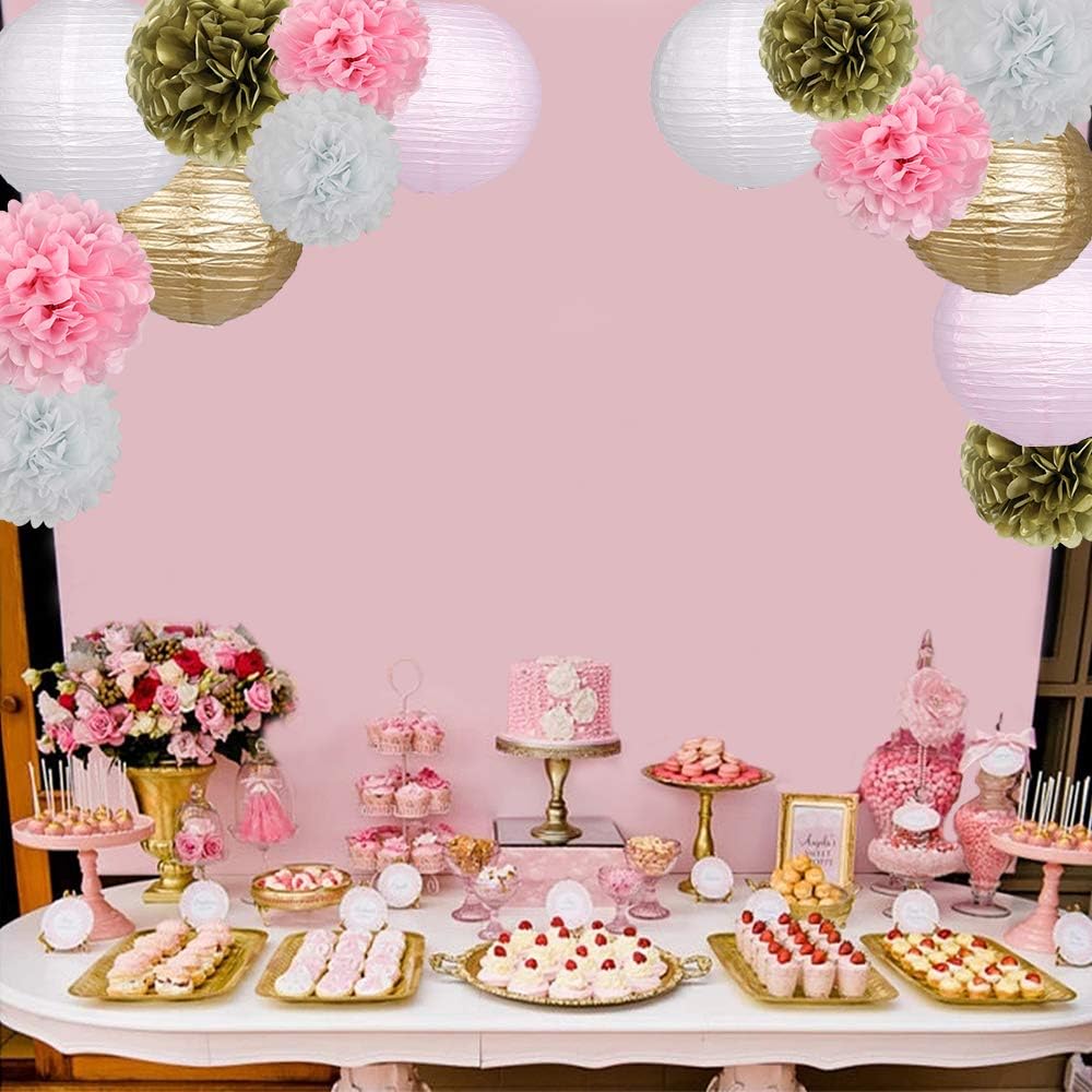 Pink Gold Party Decorations, Pink Gold Paper Lanterns and Pom Poms Flowers for Birthday Party Baby Showers Engagement Tea Party Decor 15PCS
