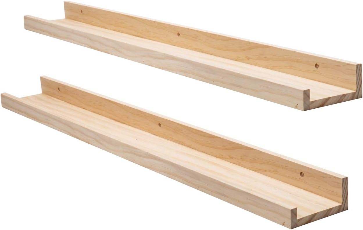 AZSKY Picture Ledge Long Floating Wall Shelf 48 Inch Photo Ledge Display Floating Shelves Wall Mounted Shelves Home Decor Nursery Bookshelf Natural Wood Set of 2