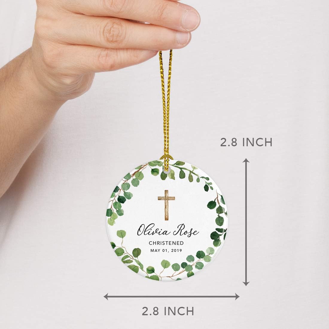 Andaz Press Personalized Round Ceramic Porcelain Christmas Ornament Gift, Olivia Rose Carter, Christened May 1, 2024, Farmhouse Eucalyptus Wreath, 1-PackCustom Christening Gift Ideas