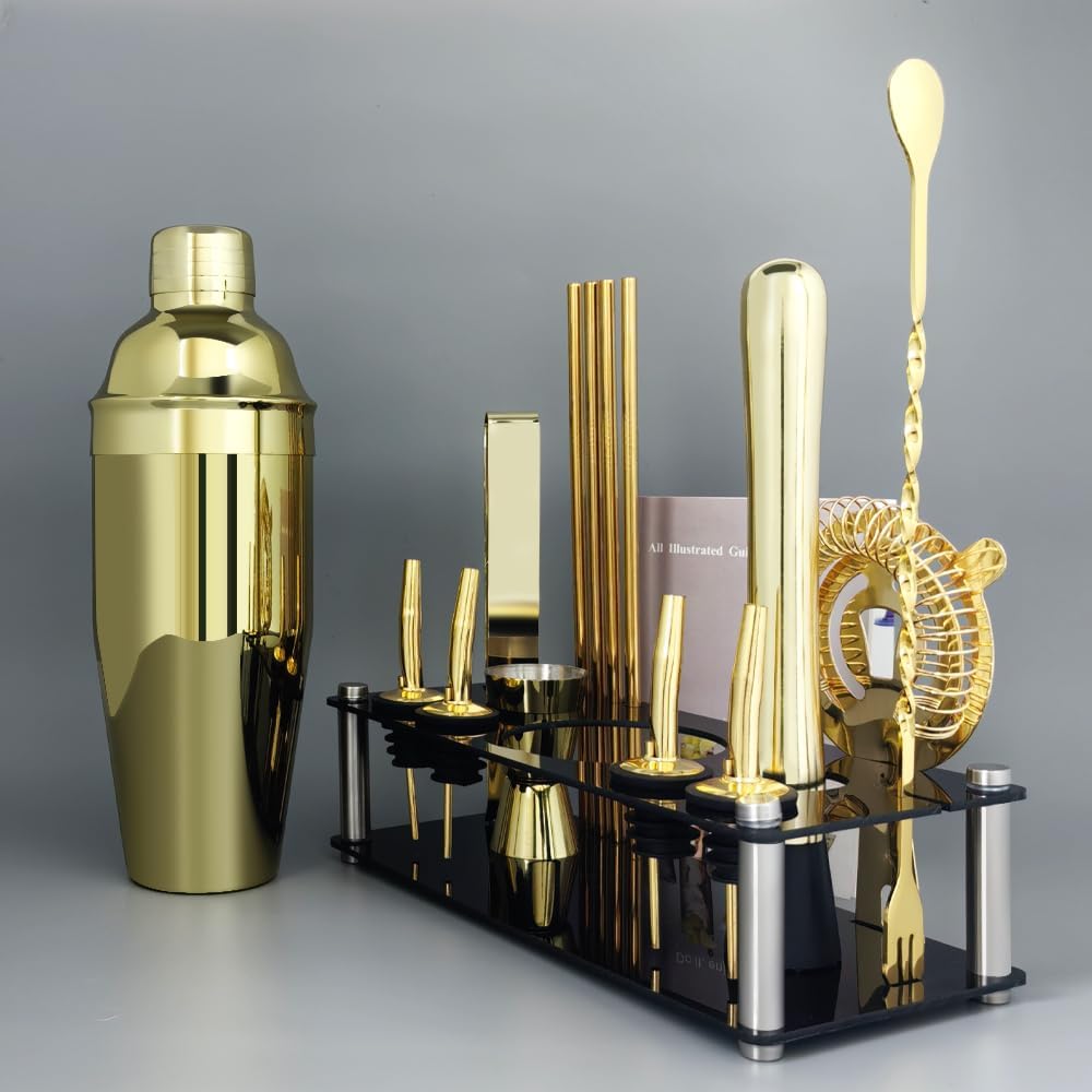 14-Piece Cocktail Shaker Set Bartender Kit with Black Stand, Bar Tool Set for Drink Mixing Bartending Kit Bar Sets Accessories: 750ml(25oz) Shaker, Jigger, Muddler, Cocktail Recipes (Gold)