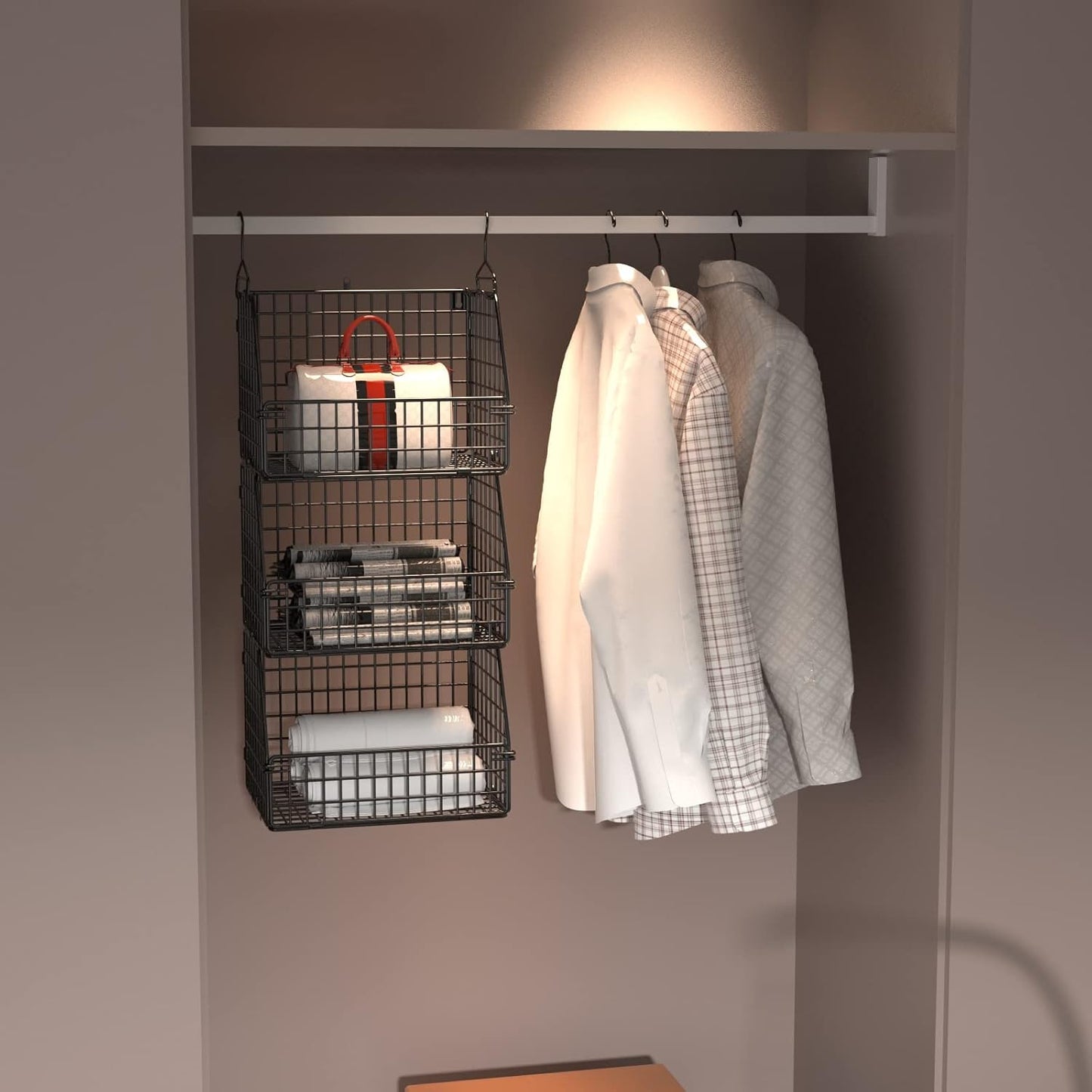 Stackable Wire Storage Baskets for Kitchen Closet Pantry, Hanging Closet Organizers Storage Shelves Organization, Wall Mount Metal Basket Bins, Clothing Vegetable & Fruit Organizer 5 pcs