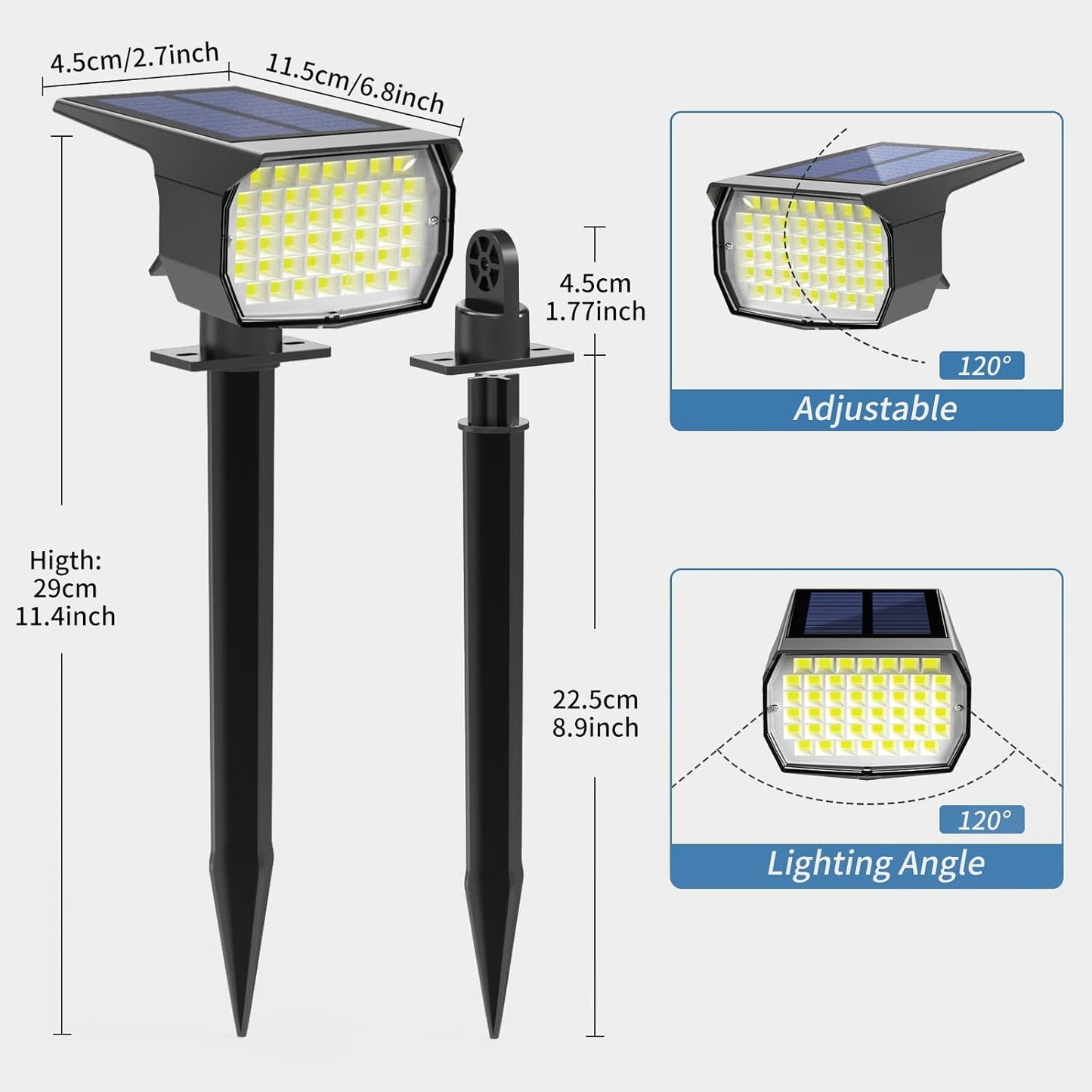 Solar Spot Lights Outdoor Waterproof IP65, 2 Pack Landscape Spotlights with 46 LEDs, 3 Modes Auto On/Off Solar Powered Flood Lights for Outside Pathway, Yard, Garden, Walkway (Cool White)