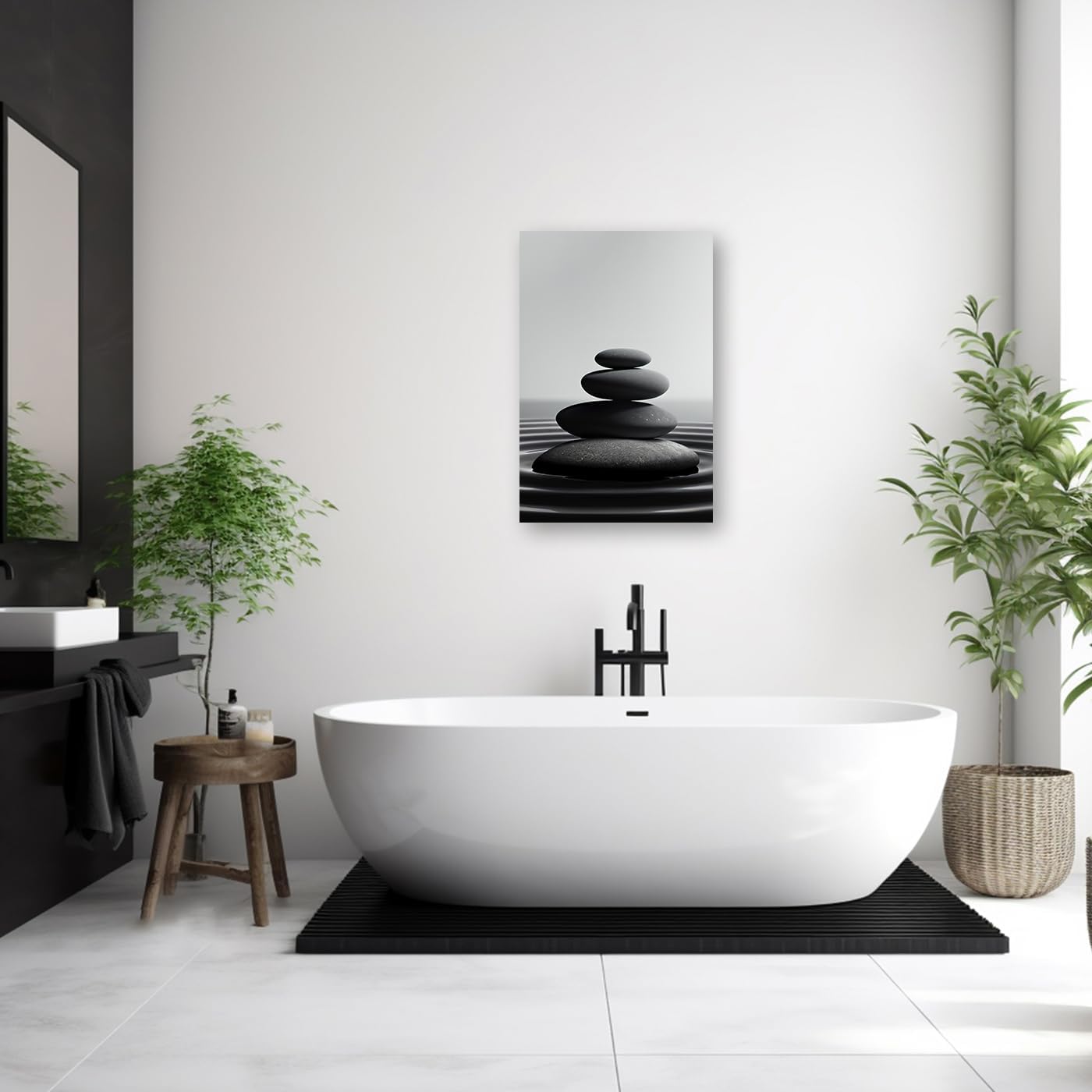 DOARTDO Zen Stone Canvas Wall Art Black and White Spa Stones Picture Print Modern Meditation Spirit Bathroom Decor Frame (20.00" x 30.00", Zen Stone - 1)