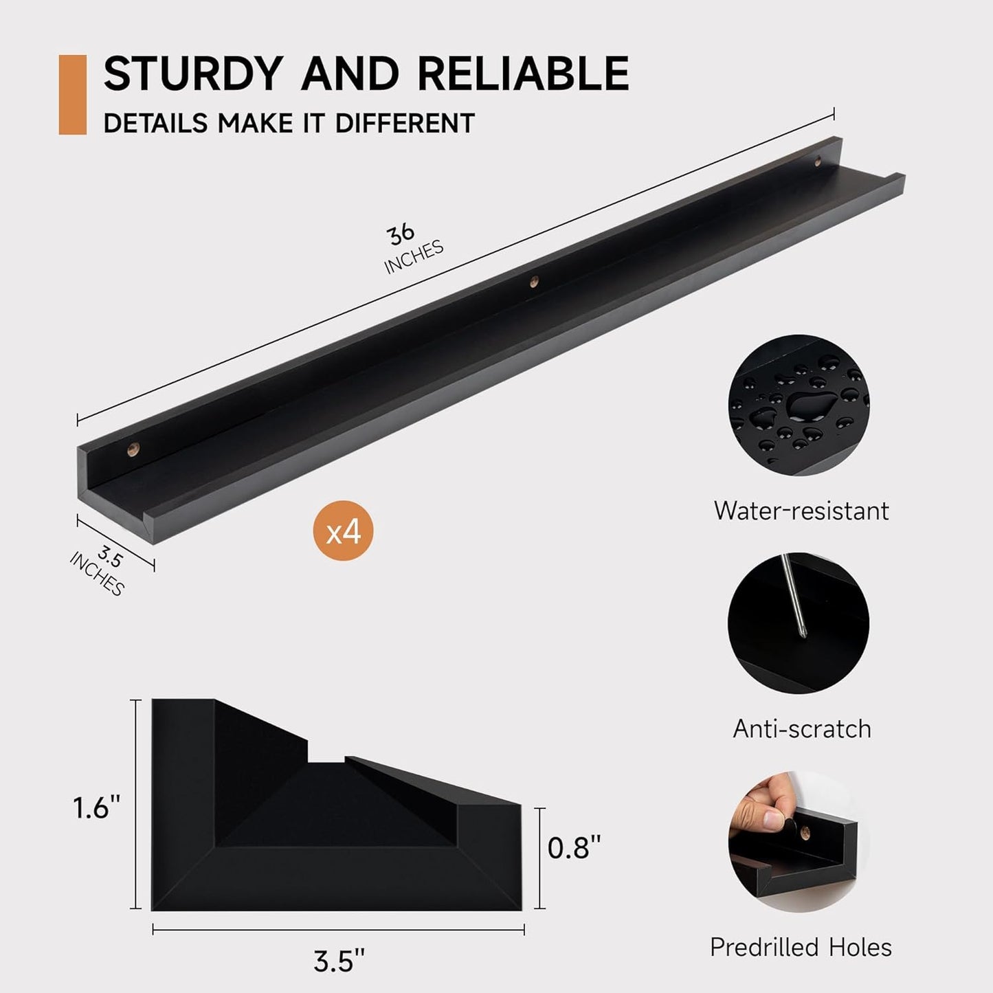 Picture Ledge Shelf for Wall, Floating Shelves Set of 4, 36 Inch Long Nursery Book Shelves for Toys Storage, Kids Bookshelf Wall Mounted for Books Photo Frames, Black