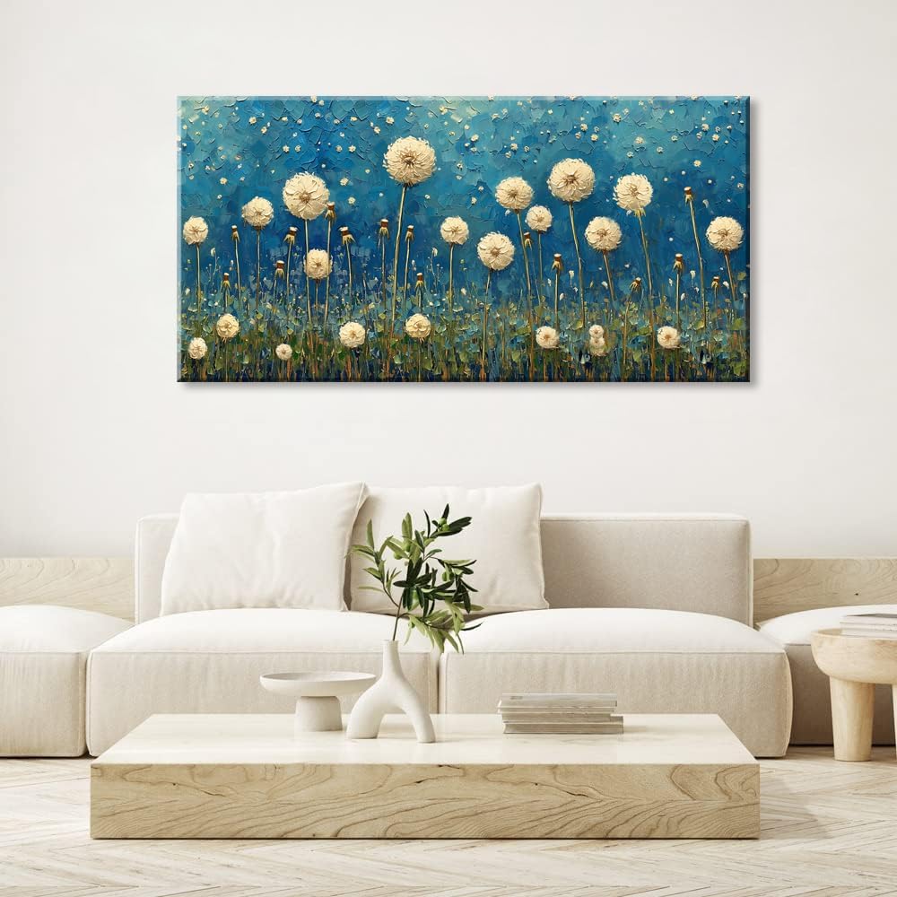 LASMOND Teal Dandelion Wall Art for Living Room Abstract Blowball Canvas Painting Prints Large Flower Floral Grassland Bedroom Decoration Modern Artwork Decor (46x23 Inches)