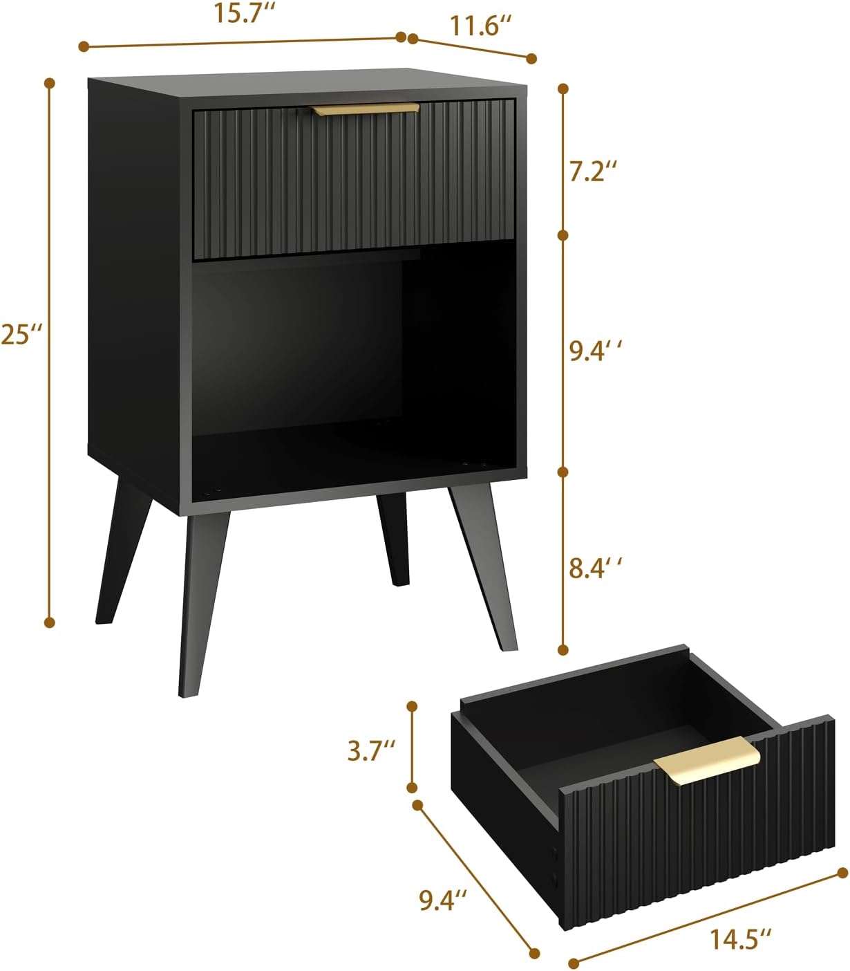 Fluted Night Stand with Opening Storage,Mid Century Bedside Table with Drawer,Modern Nightstand with Solid Wood Legs,End Table Side Table for Living Room,Bedroom,Black CTG56BK