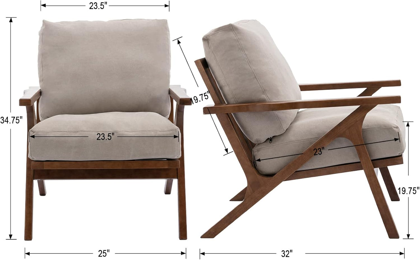 chairus Mid Century Accent Armchairs Modern Upholstered Lounge Chair Compfy Leisure Arm Chair for Living Room Fireplace/Bedroom/Reception/Dorms, Set of 2, Denim Fabric Beige