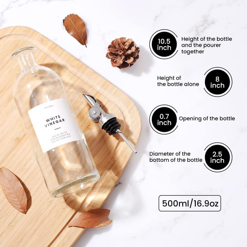 Molimoli Oil and Vinegar Dispenser with Metal Pour Spout, Weighted Pourer, Glass Bottle Dispenser for Kitchen, Olive Oil Cruet, Glass Olive Oil Bottle | 500ml, Set of 2