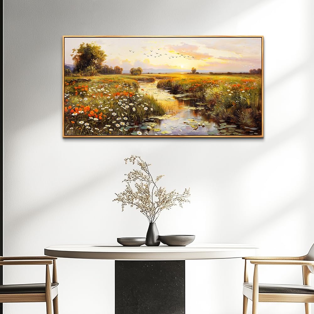PHAOHUAXM Canvas Wall Art For Living Room Wall Decor For Bedroom Watercolour Painting Office Decoration Countryside Sunrise Scenery Wall Picture Printing Artwork Home Decor Wood Framed 24x48 In