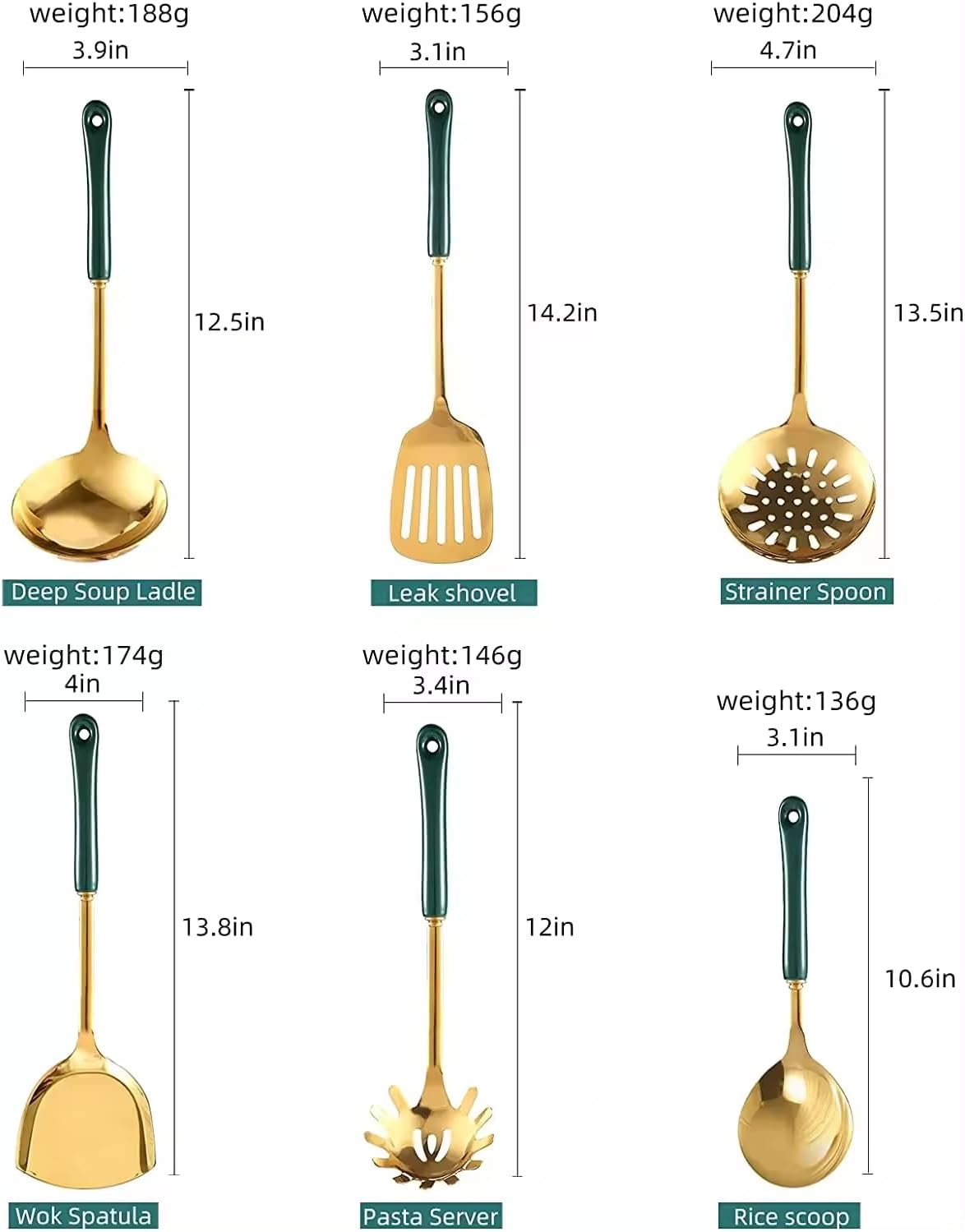 Generic Stainless Steel Kitchen Utensil Set, Spoon, Spatula, Pasta Server, Small Spatula (Black & Gold)