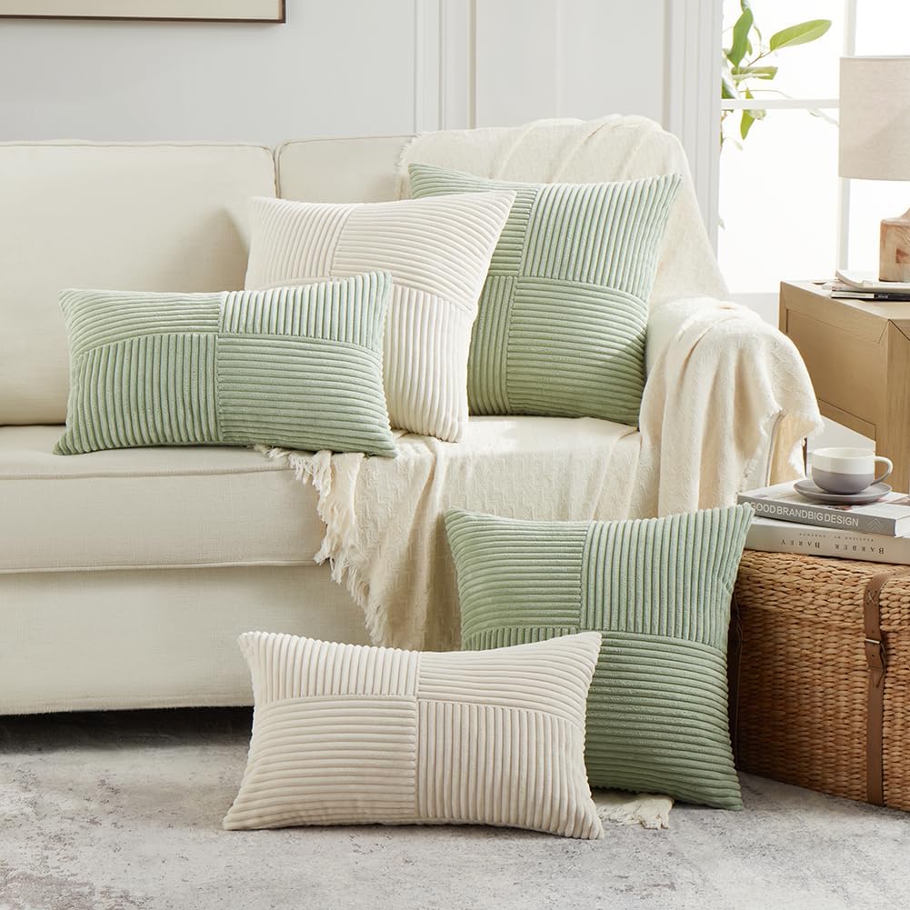 Fancy Homi 2 Packs Cream Samll Decorative Throw Pillow Covers 12x12 Inch with for Couch Bed Sofa, Rustic Farmhouse Boho Home Decor, Soft Corss Patchwork Corduroy Square Cushion Case 30x30 cm