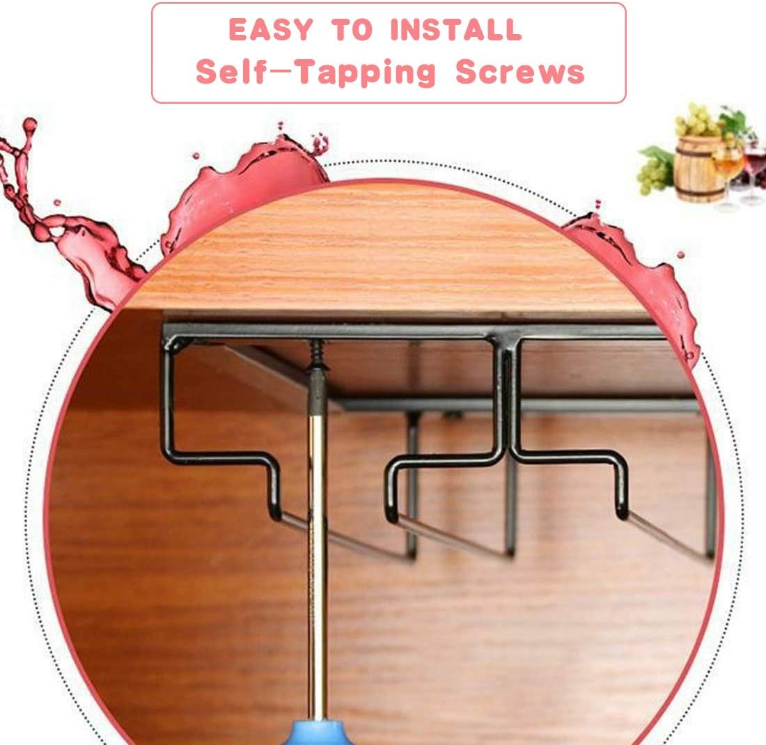 Wine Glass Rack - Under Cabinet Stemware Wine Glass Holder Glasses Storage Hanger 2 Pack Metal Organizer for Bar Kitchen Black