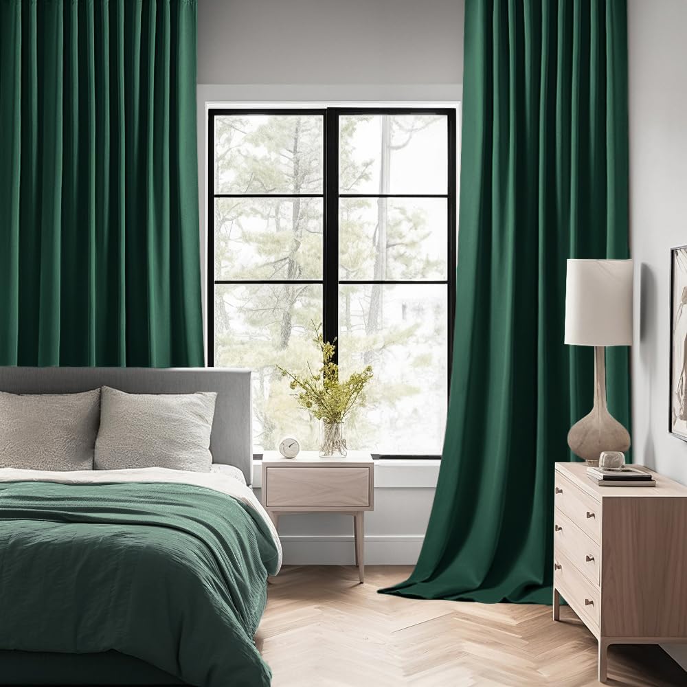 MIULEE Hunter Green Back Tab Blackout Curtain 96 Inch Long 2 Panels Set for Living Room Bedroom, Rod Pocket/Pinch Pleat Thermal Insulated Room Darkening Pleated Floor to Ceiling Drapes