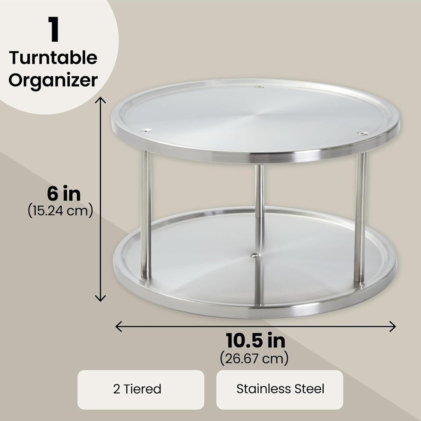 Juvale 2-Tier Lazy Susan Spice Rack Organizer for Cabinet - Stainless Steel Spice Carousel - Pantry & Kitchen Countertop Organizer (10.5 in)