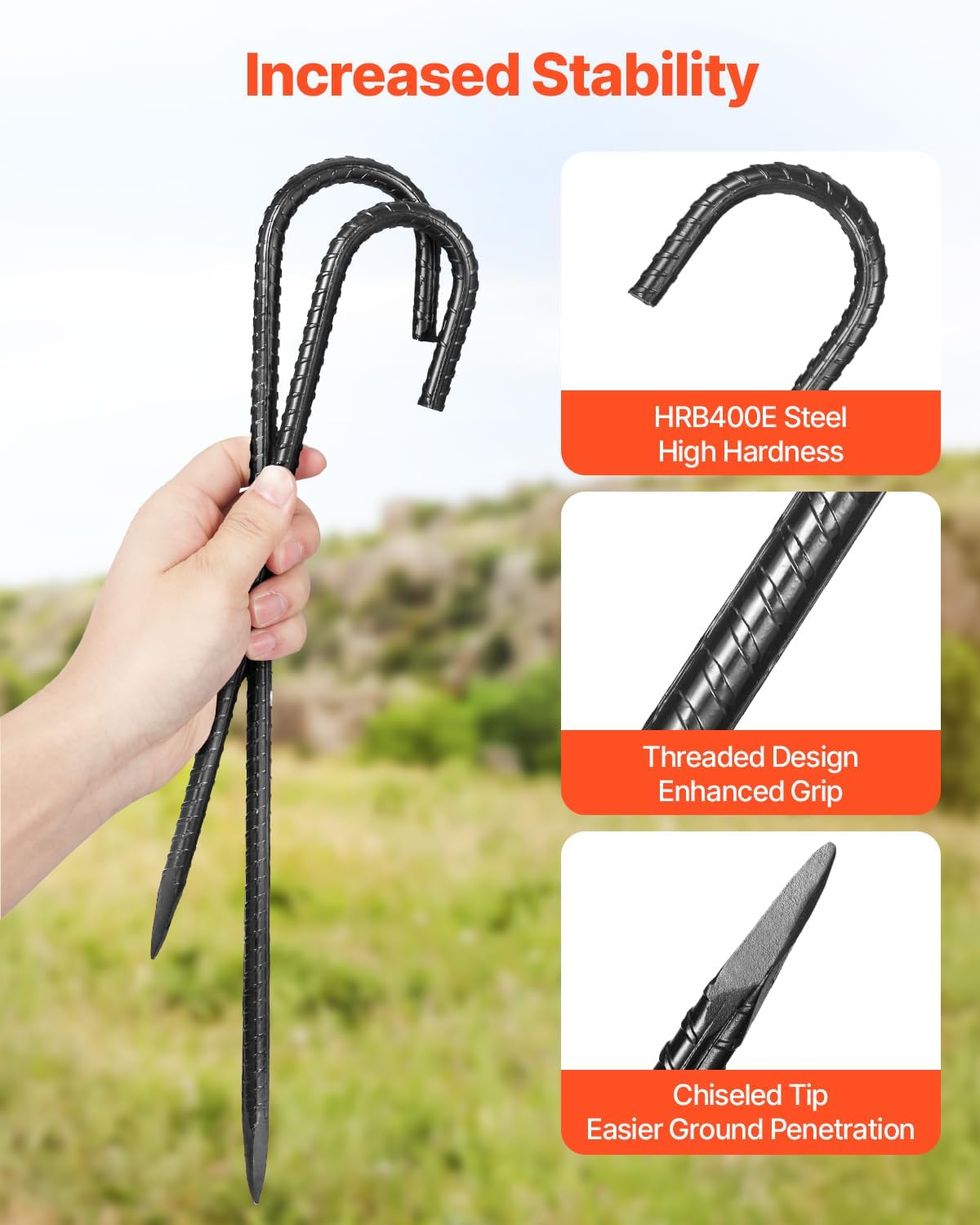 VEVOR Rebar Stakes, 16-Inch, Heavy-Duty 0.4 in Diameter J Hook, Galvanized Steel Ground Anchors with Chisel Point End & Rust-Resistant Coating, for Gardening Support, Fence, Camping Tents (24-Pack)