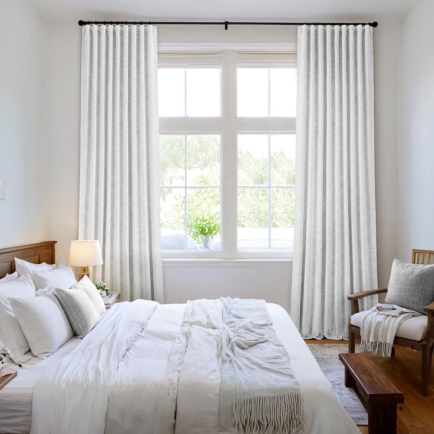 MIULEE Greyish White 100% Blackout Linen Curtains 90 Inch 2 Panels Set Double Sided No Coating Pleated Back Tab Black out Long Thermal Insulated Pinch Pleat Bedroom Living Room Darkening Window Drapes