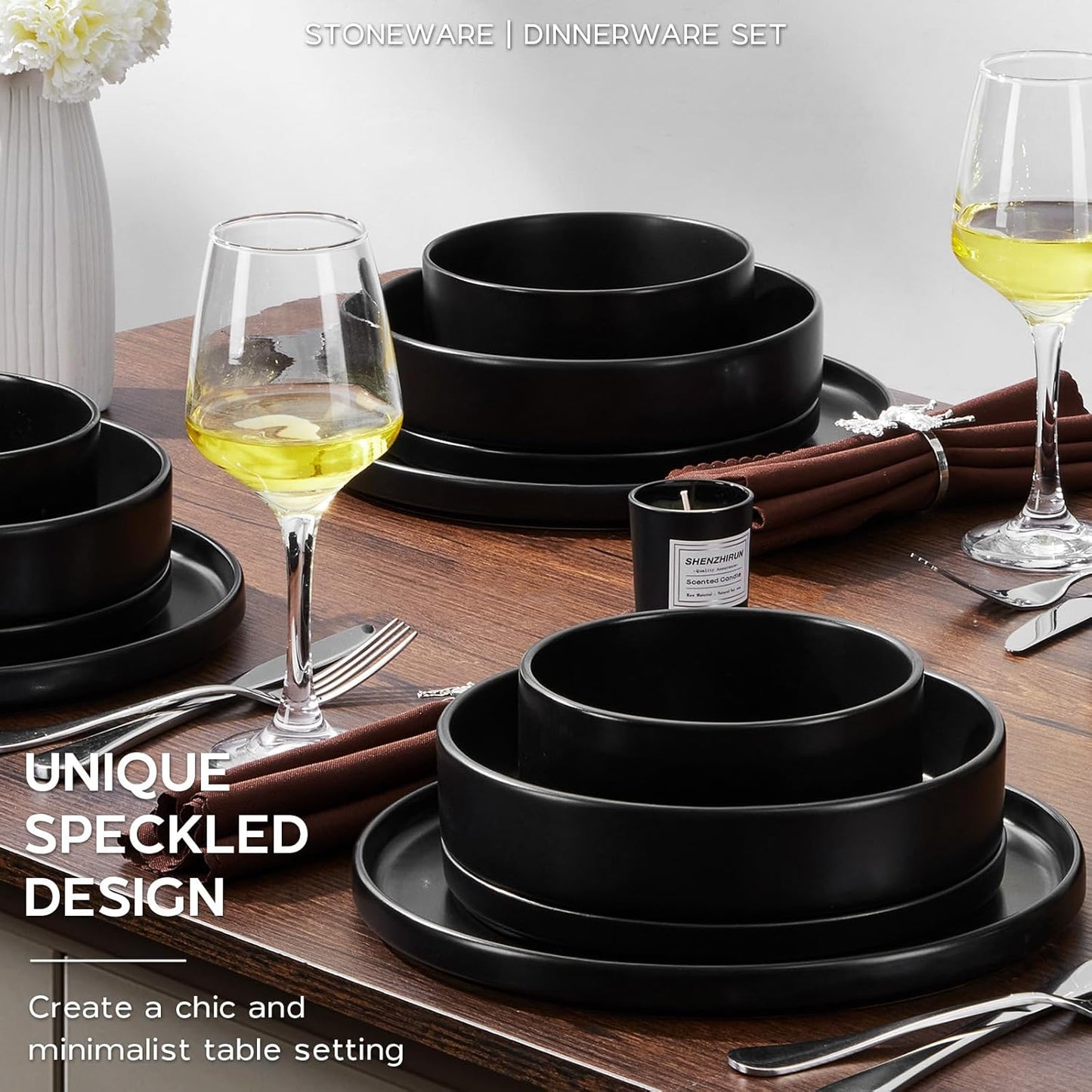 Onader 16 Piece Dinnerware Sets with Serving Bowls for 4, Stoneware Plates and Bowls Dish Sets, Ceramic Dinner Ware Dishware for Kitchen Dining, Chip & Scratch Resistant - Ebony Black