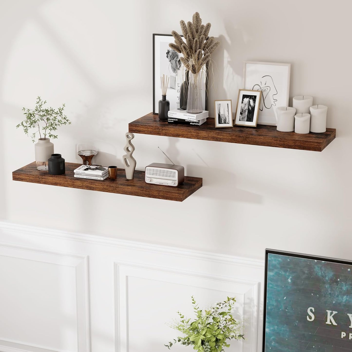 Fun Memories Rustic Wood Floating Shelves for Wall, 36 x 9 Wall Shelves Set of 2, Deep Floating Shelf for Kitchen, Living Room Storage & Display, Deep Wooden Bookshelf, Rustic Brown Color