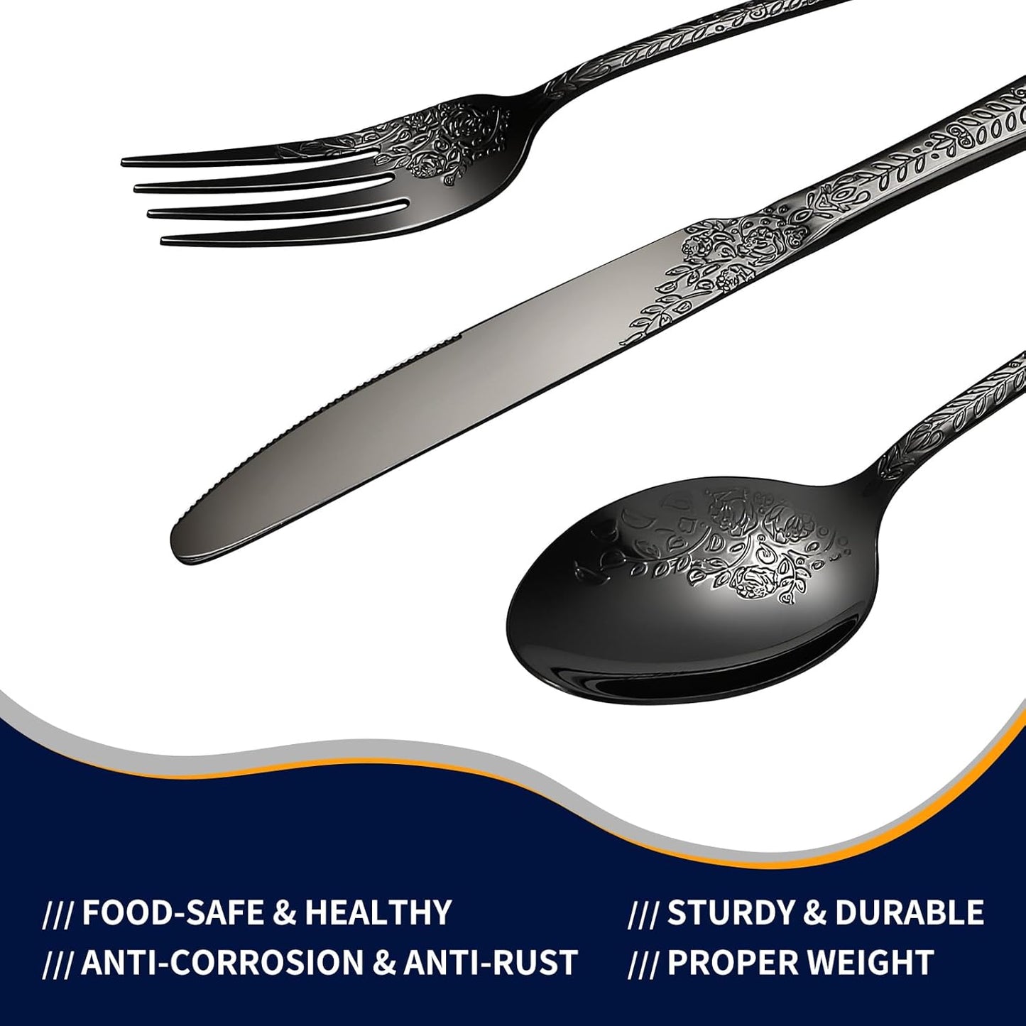 Floral 40 Pcs Black Silverware Set for 8, Food Grade Stainless Steel Flatware Set with Rose Flower Embossed Design, Eating Utensils Sets Include Fork/Knife/Spoon, Reusable Cutlery Set, Dishwasher Safe