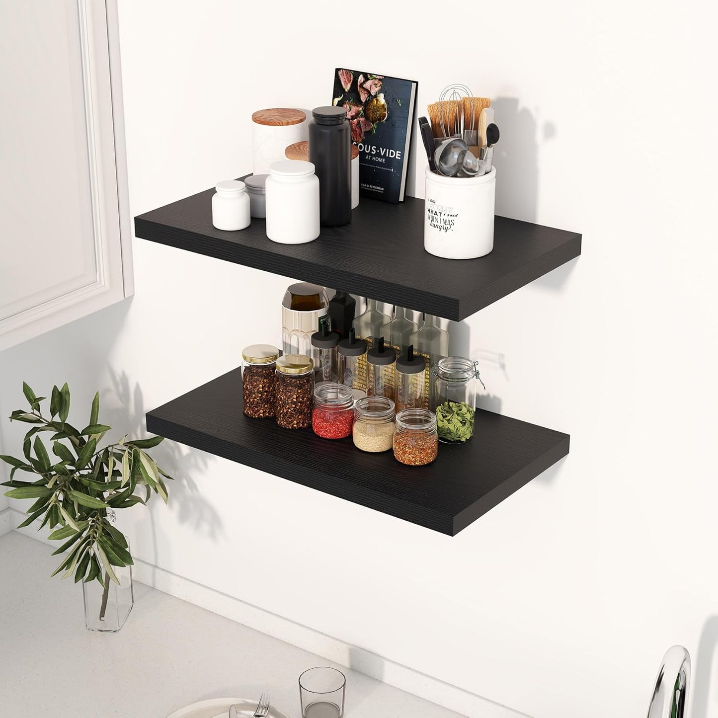 24" Floating Shelves for Wall, 12" Deep Slim Black Floating Shelves, Wall-Mounted Shelves for Bedroom, Living Room, Kitchen, Bathroom - Set of 2