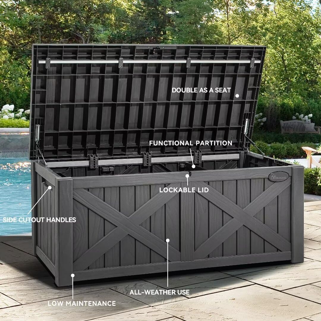 YITAHOME 120 Gallon Large Outdoor Storage Box with X-Shaped Front, Waterproof Resin Deck Box Cushion Storage Bench for Patio, Pool Supplies, Garden Tools - Lockable, Dark Gray