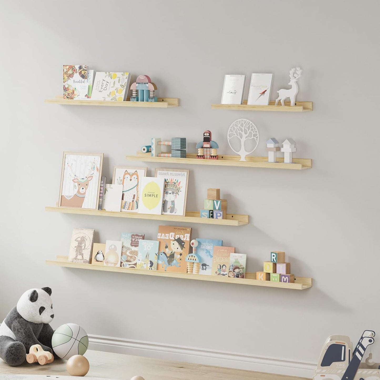 SAUMONIERES Picture Ledge Shelf Floating Book Shelves Set of 2 Wall Mounted Solid Wood for Bedroom Bathroom Living Room Kitchen, 55 Inch Natural