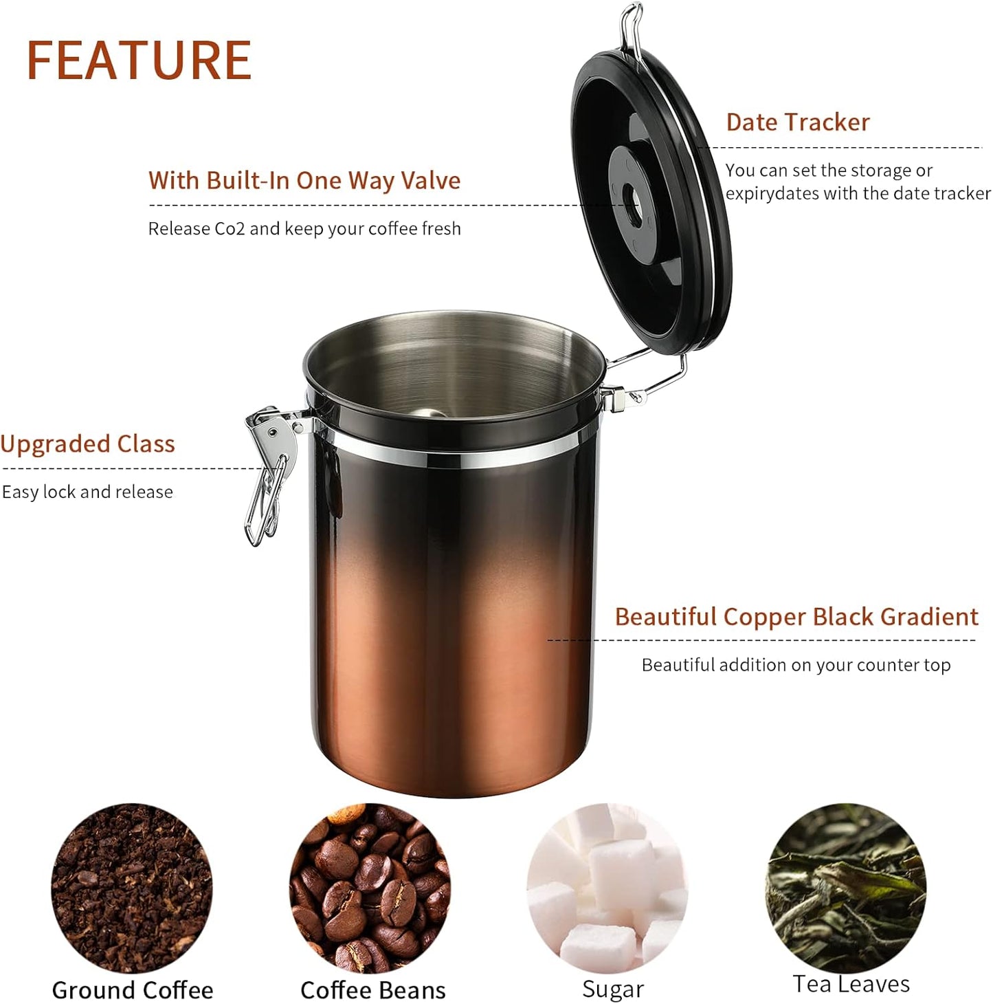 malmo Coffee Canister, Airtight Coffee Container with Date Tracker Lid, Stainless Steel Canister for Kitchen Food Storage (Black-Copper, 16oz)