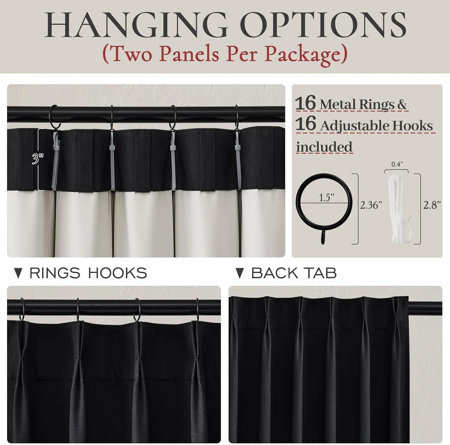 Long Black Pinch Pleat Linen Blackout Curtains 100 Inches Long for Bedroom, Modern Room Darkening Dining Room Large Windows Drapes with Hooks Thermal Heavy Curtains for Winter 40"Wx100"L 2 Panels