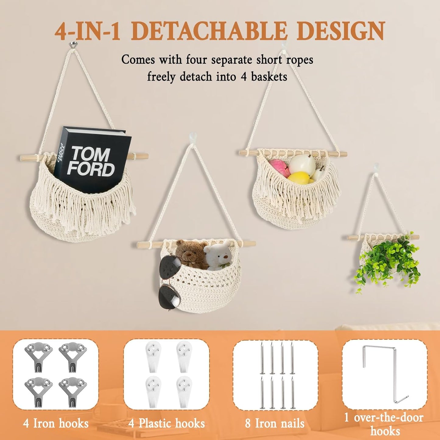 4 Tier Hanging Fruit Basket for Kitchen, Beige Boho Cotton Rope Crocheted Fruit Holder for Bathroom Bedroom, Detachable Wall Hanging Basket Shelves Over Door Organizer for Fruits Veggie Plant Decor